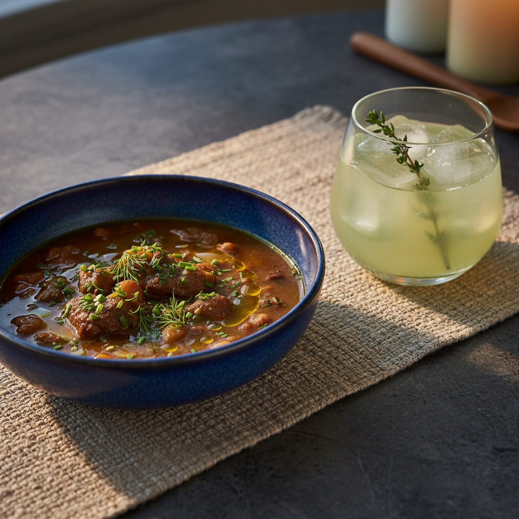 A close-up of a deep cobalt-blue ceramic bowl holding a rich, aromatic stew, garnished with finely chopped herbs and a drizzle of infused oil that glistens on the surface. Next to it, a low, stemless glass contains a complementary cocktail infused with the same herbs, its pale green hue and clear ice cubes mirroring the dish’s flavors. Both rest on a textured linen runner in muted sand tones atop a dark stone table. Soft, ambient evening lighting casts gentle highlights and nuanced shadows, emphasizing the pairing. Photographic realism, shot from a slightly elevated, three-quarter angle with both dish and drink in crisp focus, the background subtly blurred. The mood is warm, thoughtful, and gastronomic, celebrating the narrative connection between food and cocktail.